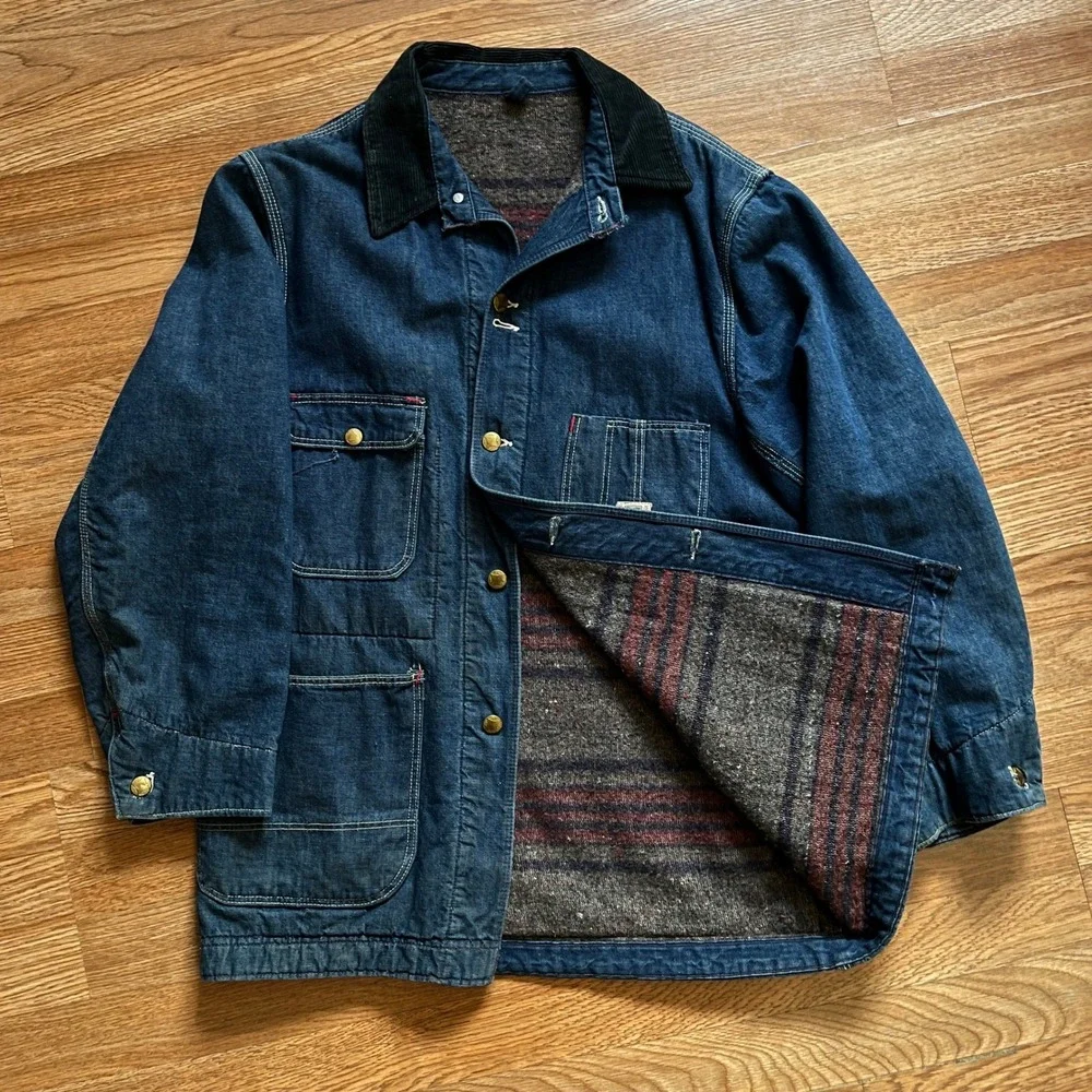 VTG 50s 60s Large Sears Work‎ Wear Denim Chore Coat Blanket Lined Blue Jacket